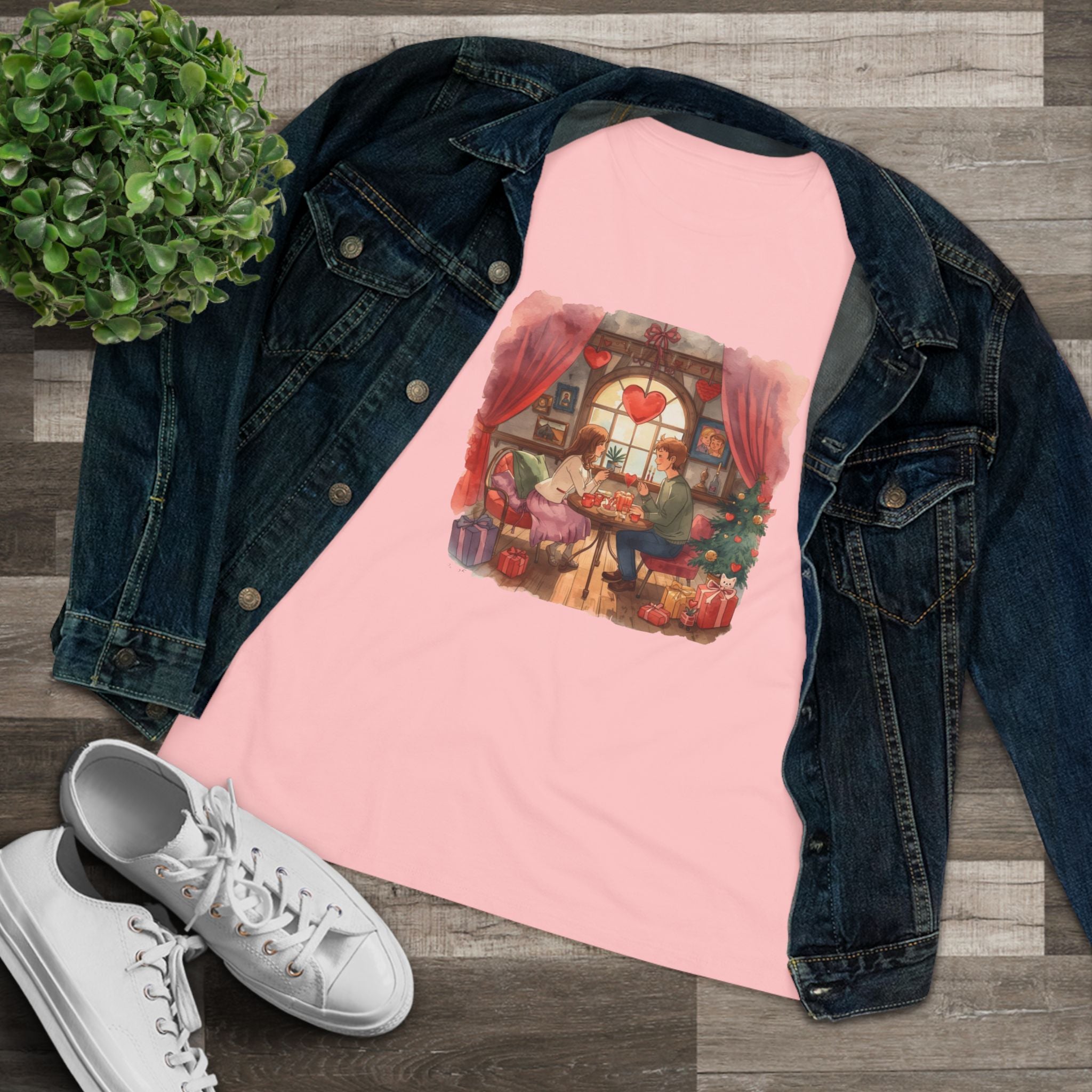 Cozy Tea Room Cotton Tee - Romantic Heart Window Illustration Shirt for Women