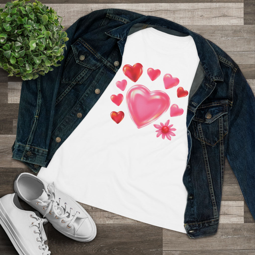 Valentine Hearts & Flower Cotton Tee - Cute Love Graphic Shirt for Women