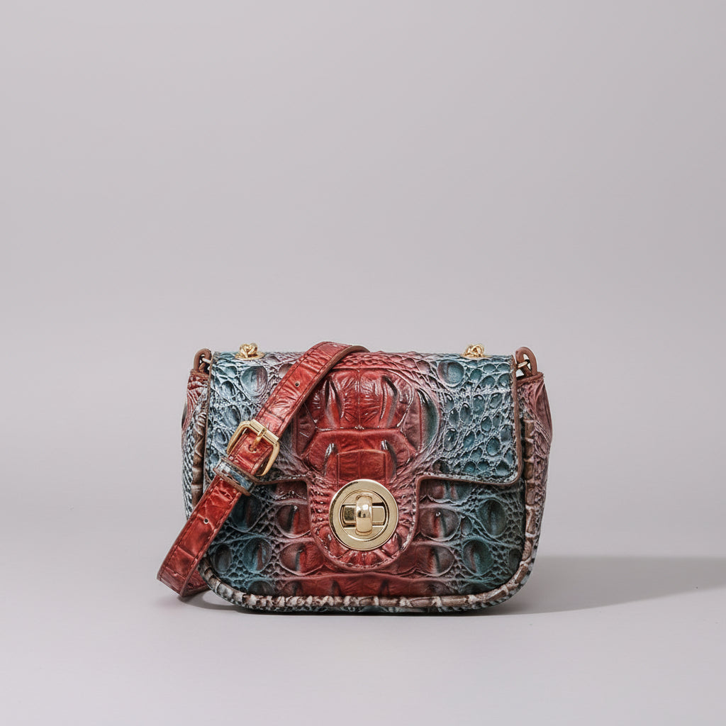 Multicolored textured handbag on a wooden surface with a dark background