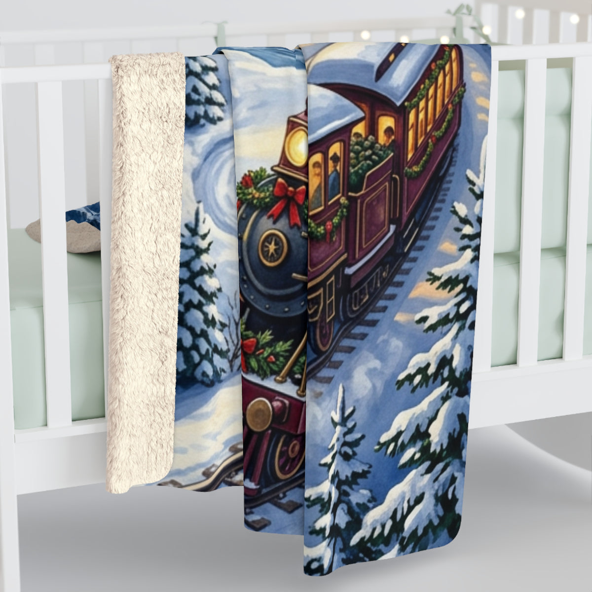 Winter Mountain Train Sherpa Fleece Blanket
