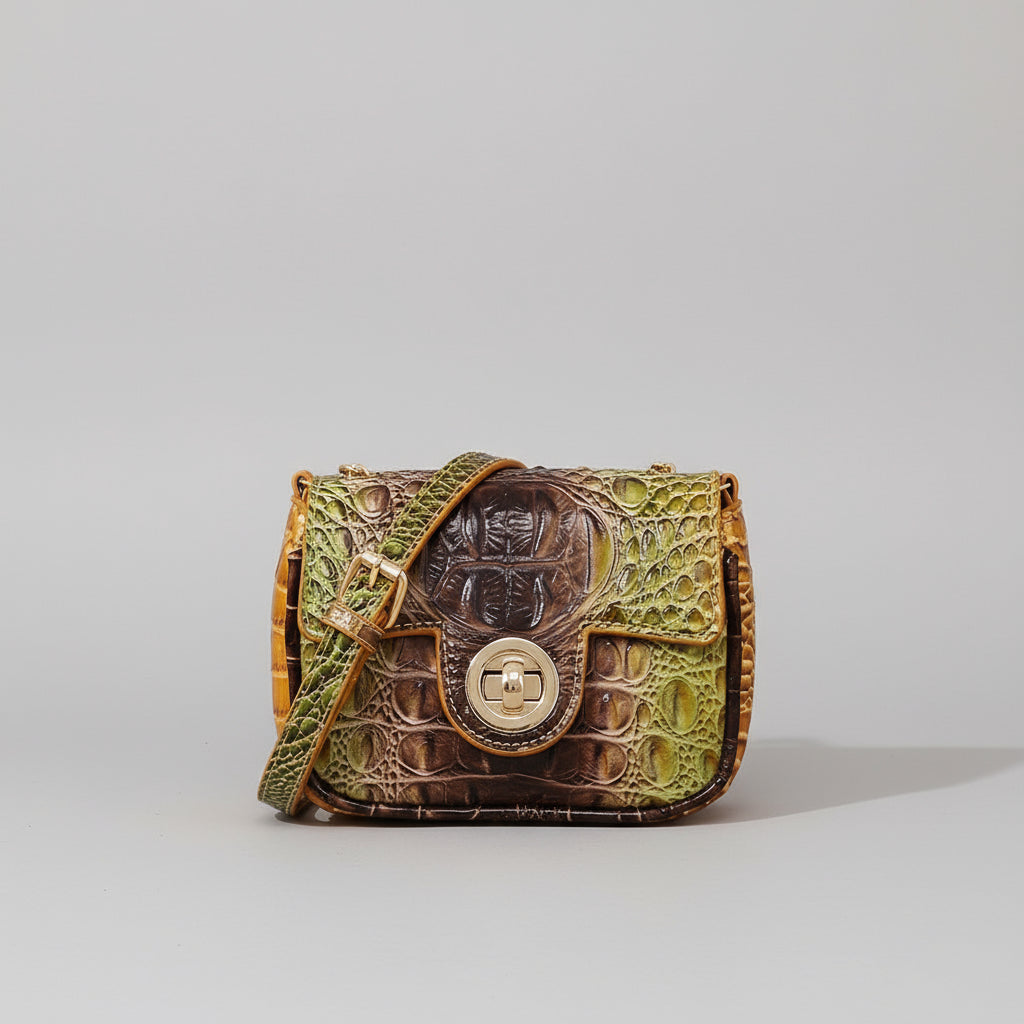 Multicolored crocodile skin handbag on a wooden surface with a dark background