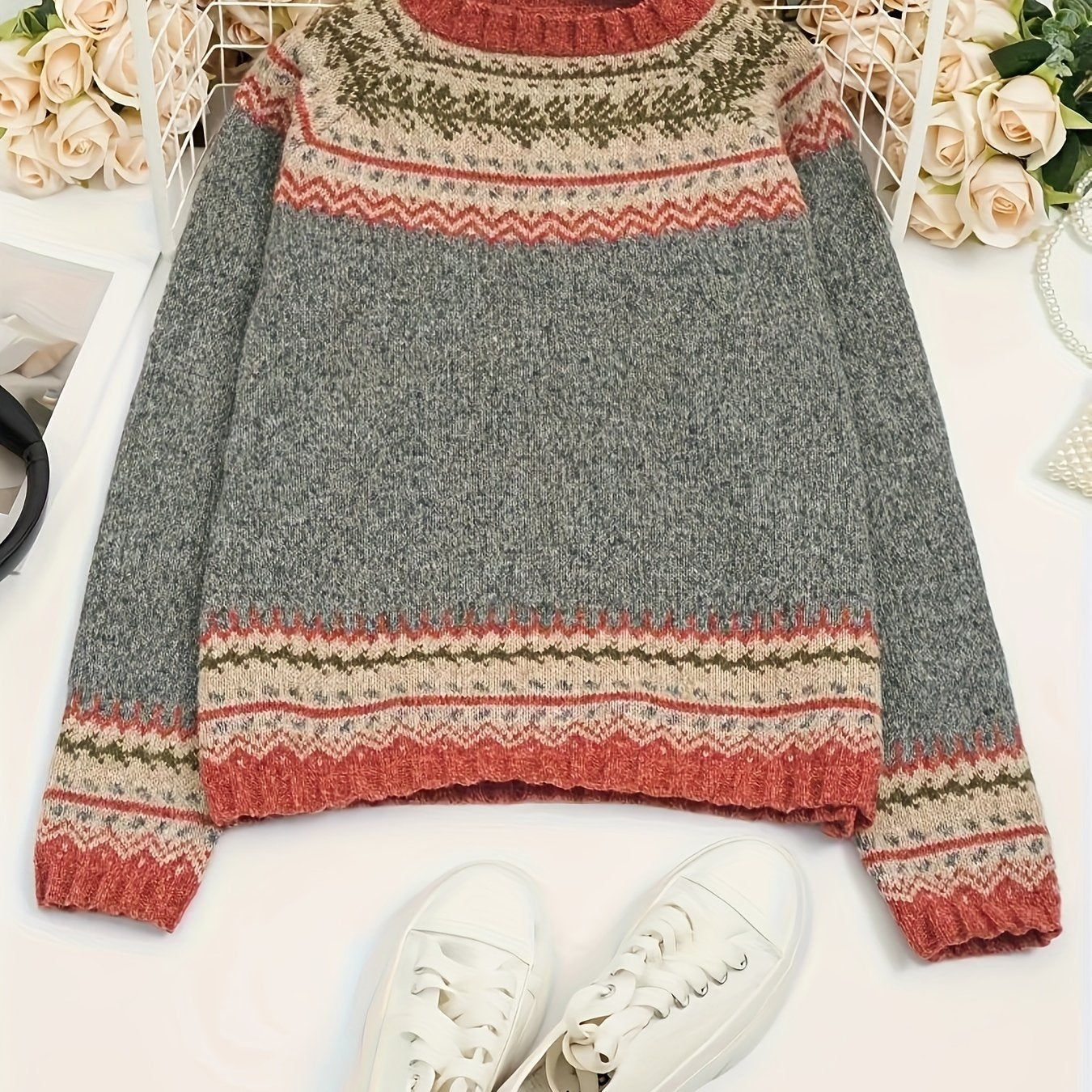Gray sweater with red and beige pattern on a white surface with flowers in the background