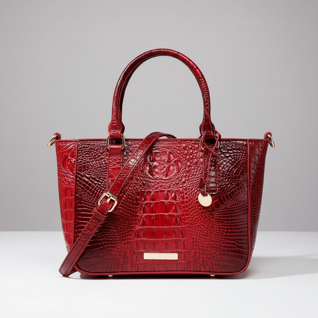 Red textured handbag with a strap on a dark background