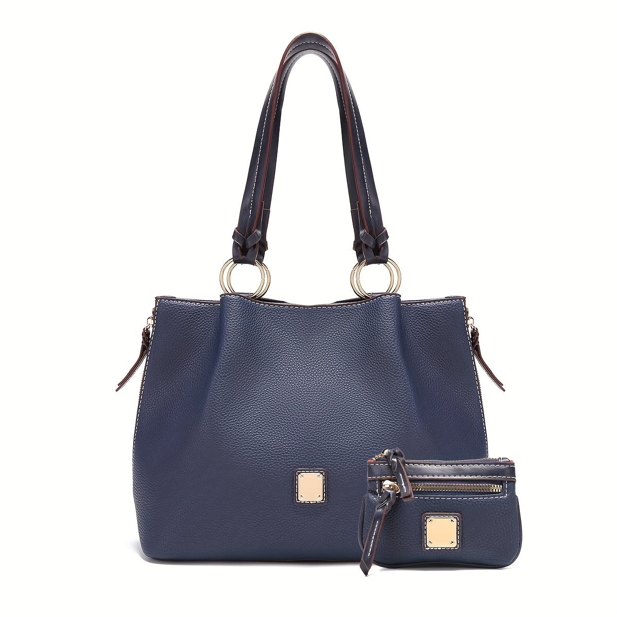 Blue handbag with matching wallet on a white background