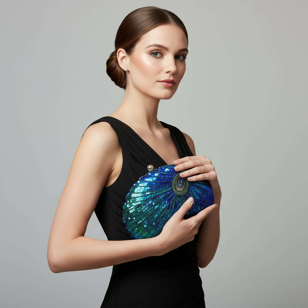 Woman holding a blue and green beaded clutch against a gray background