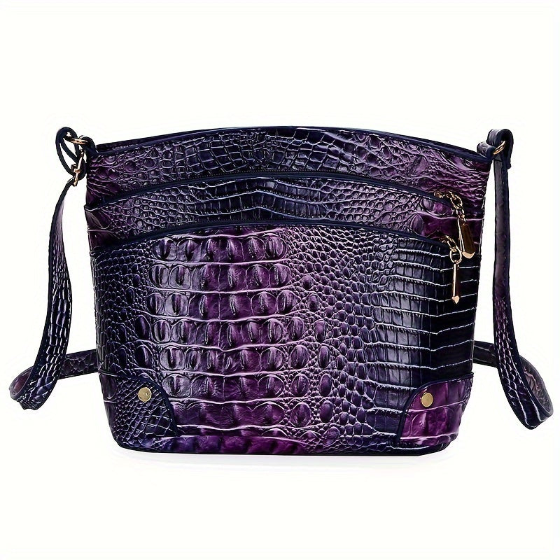 Purple textured handbag with gold accents on a white background