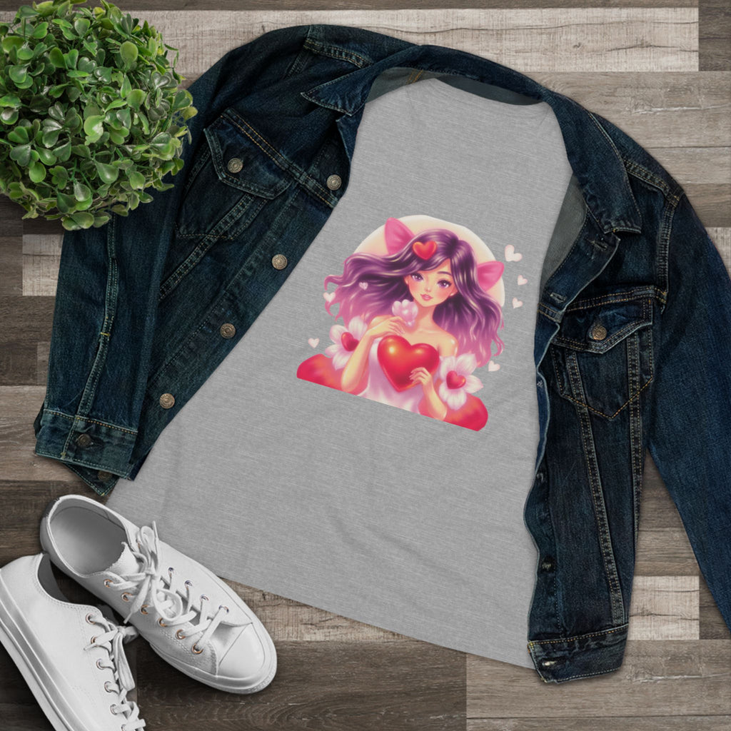 Cute Anime Girl Cotton Tee - Kawaii Heart Valentine's Shirt for Women