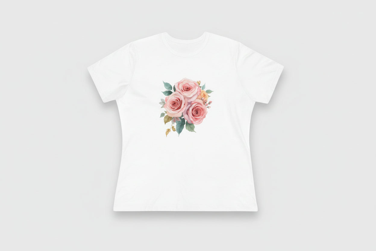 White t-shirt with a floral design on a light gray background
