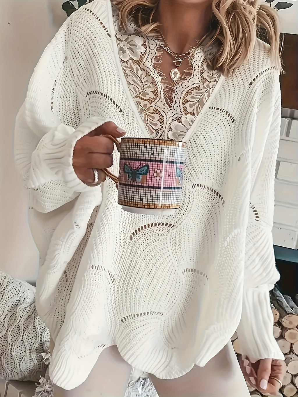 V-Neck Sweater with Lace Trim - Long Sleeve Button-Front Cardigan for Women