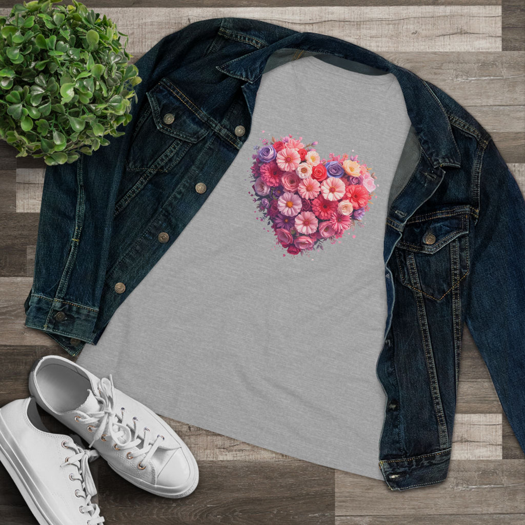 Floral Heart Cotton Tee - Pink Flower Heart Graphic Shirt for Women