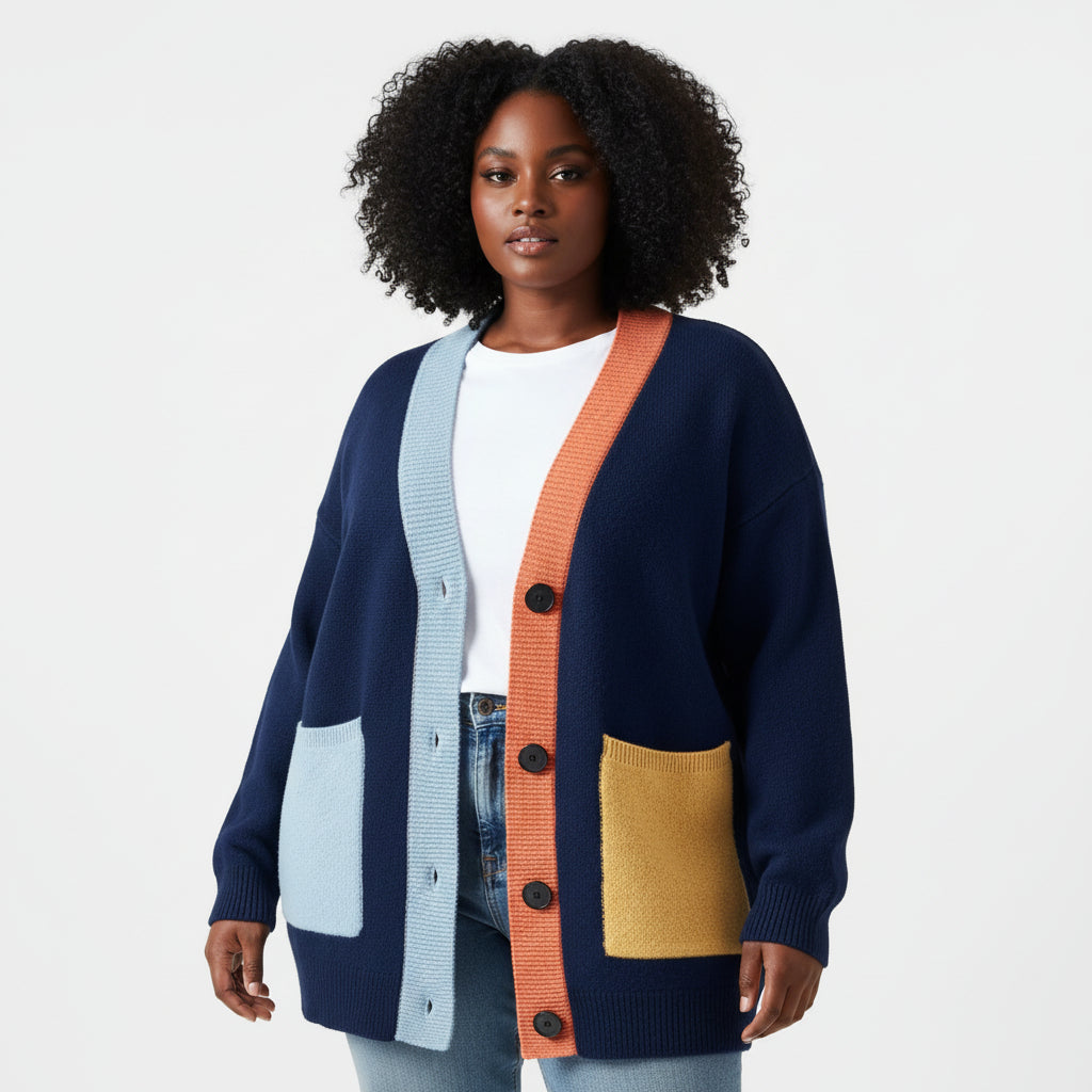 Black woman model wearing a multicolored cardigan with blue, orange, and beige sections on a grey background