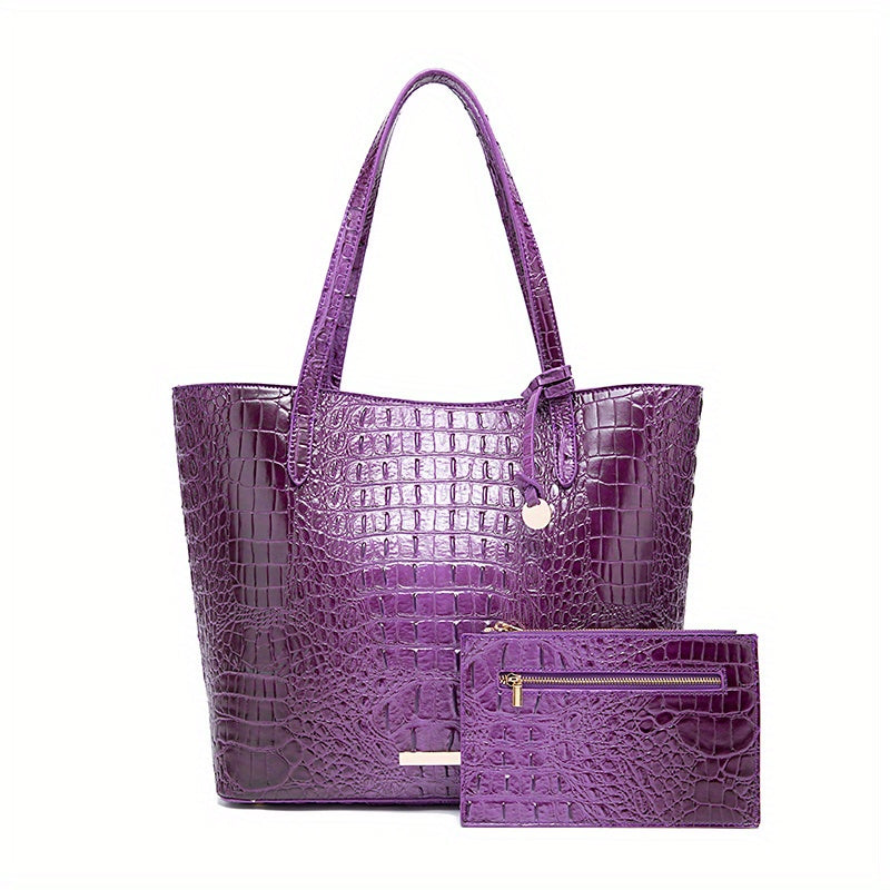 Crocodile Pattern Tote Bag Set with Clutch - 2-Piece Handbag for Women