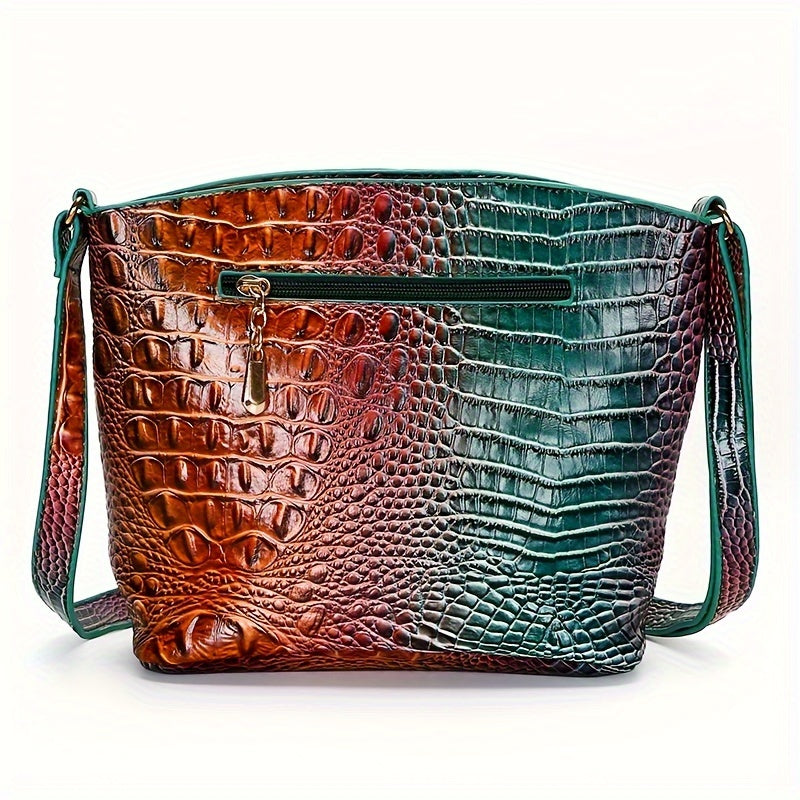 Multicolored crocodile texture handbag on a white background