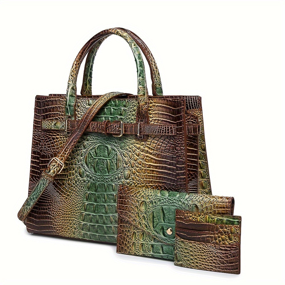 Crocodile Embossed Tote Bag with Matching Clutch - 2-Piece Handbag Set for Women