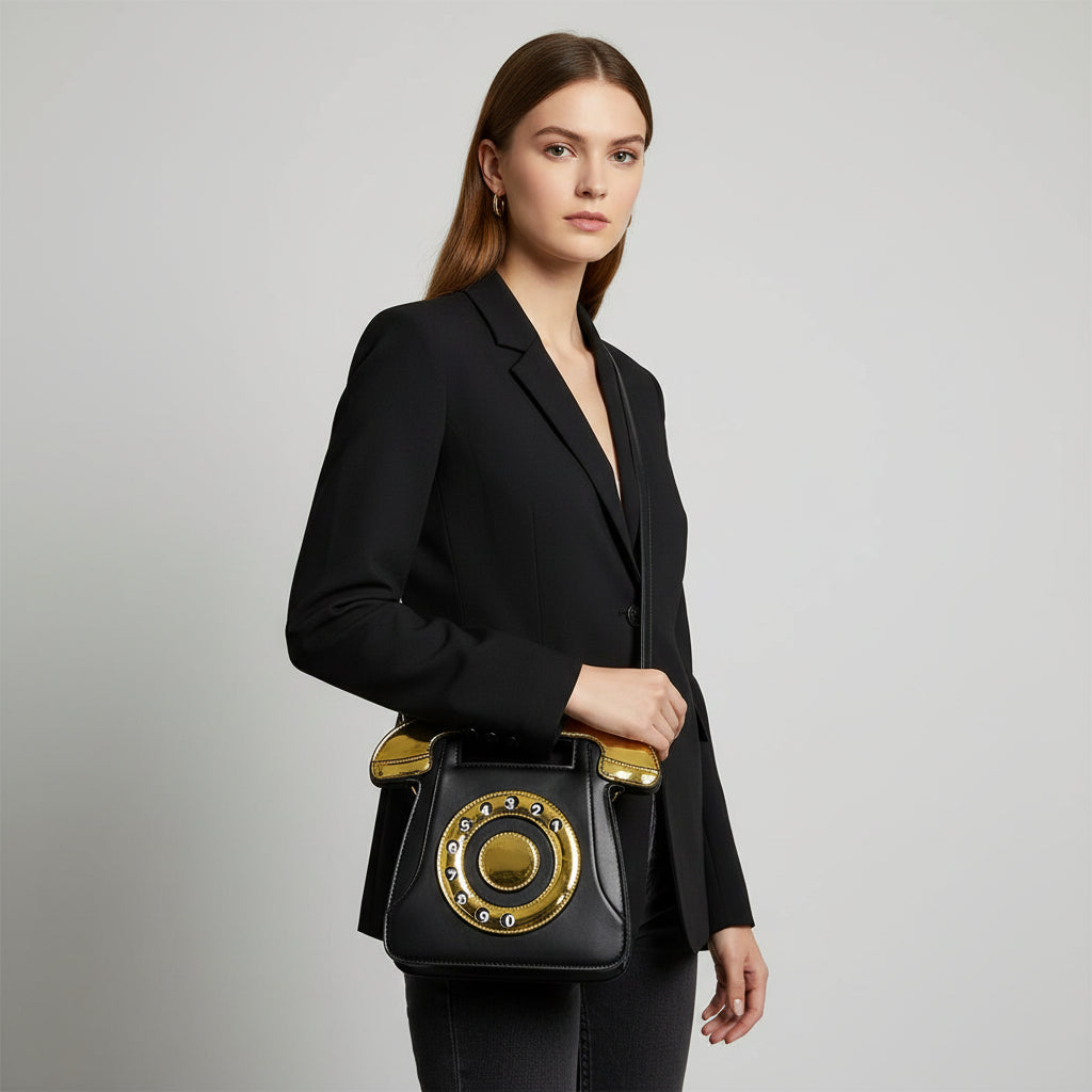 Black and gold phone-shaped handbag held by a person
