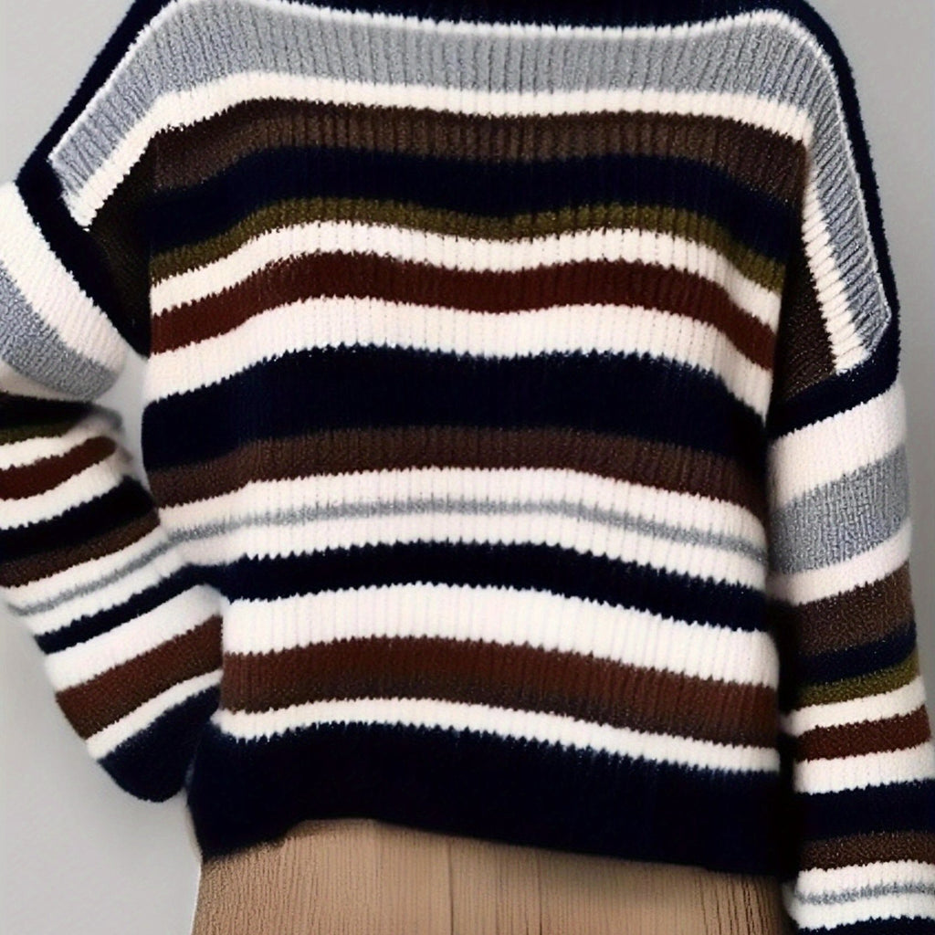 Women's Striped Color Block Sweater - Casual Long Sleeve Crew Neck Pullover