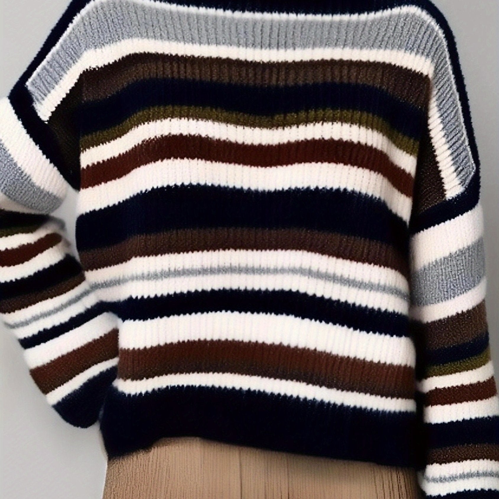 Women's Striped Color Block Sweater - Casual Long Sleeve Crew Neck Pullover