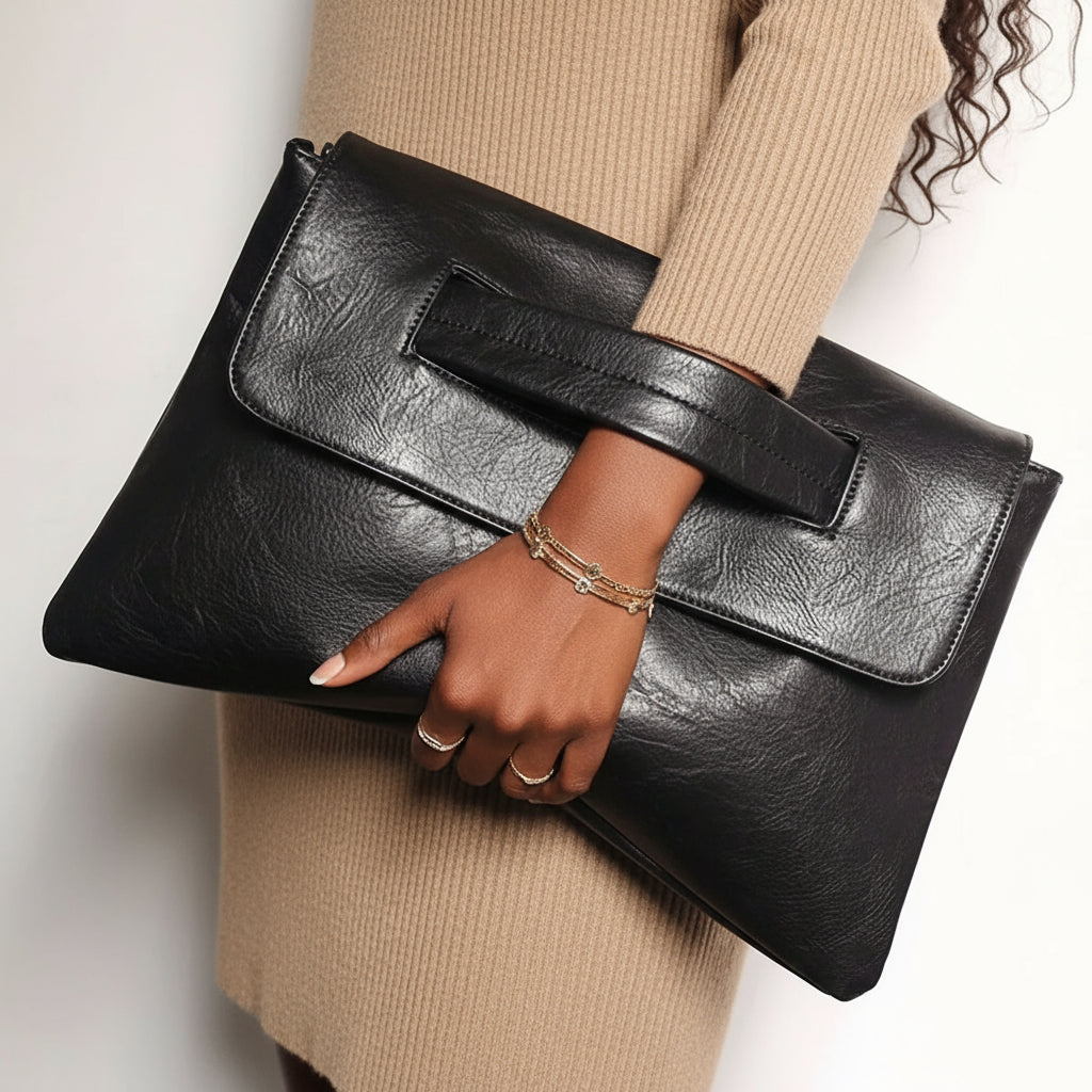 Person holding a black leather clutch bag with a plain background