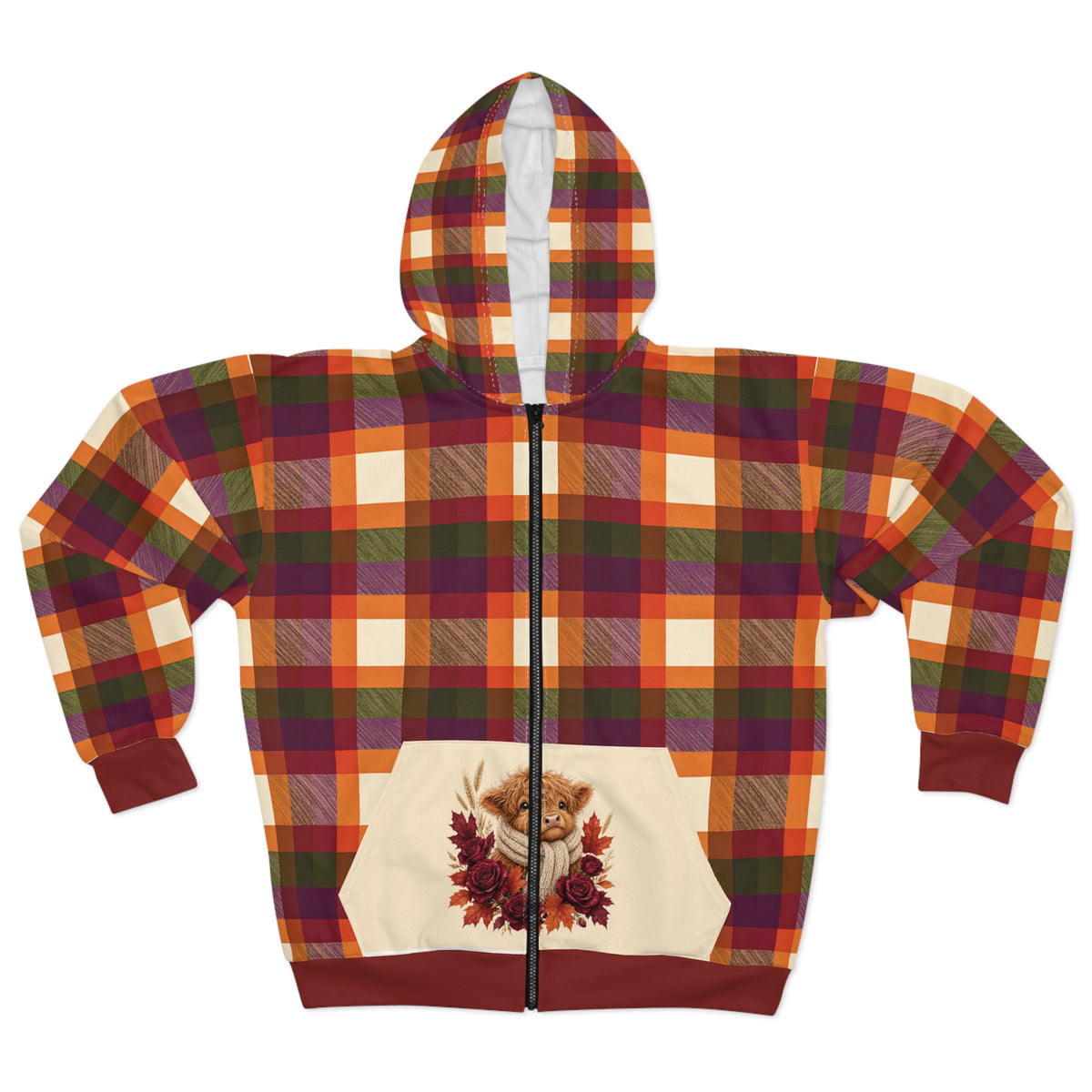 Autumn Plaid Highland Cow Floral Zip Hoodie
