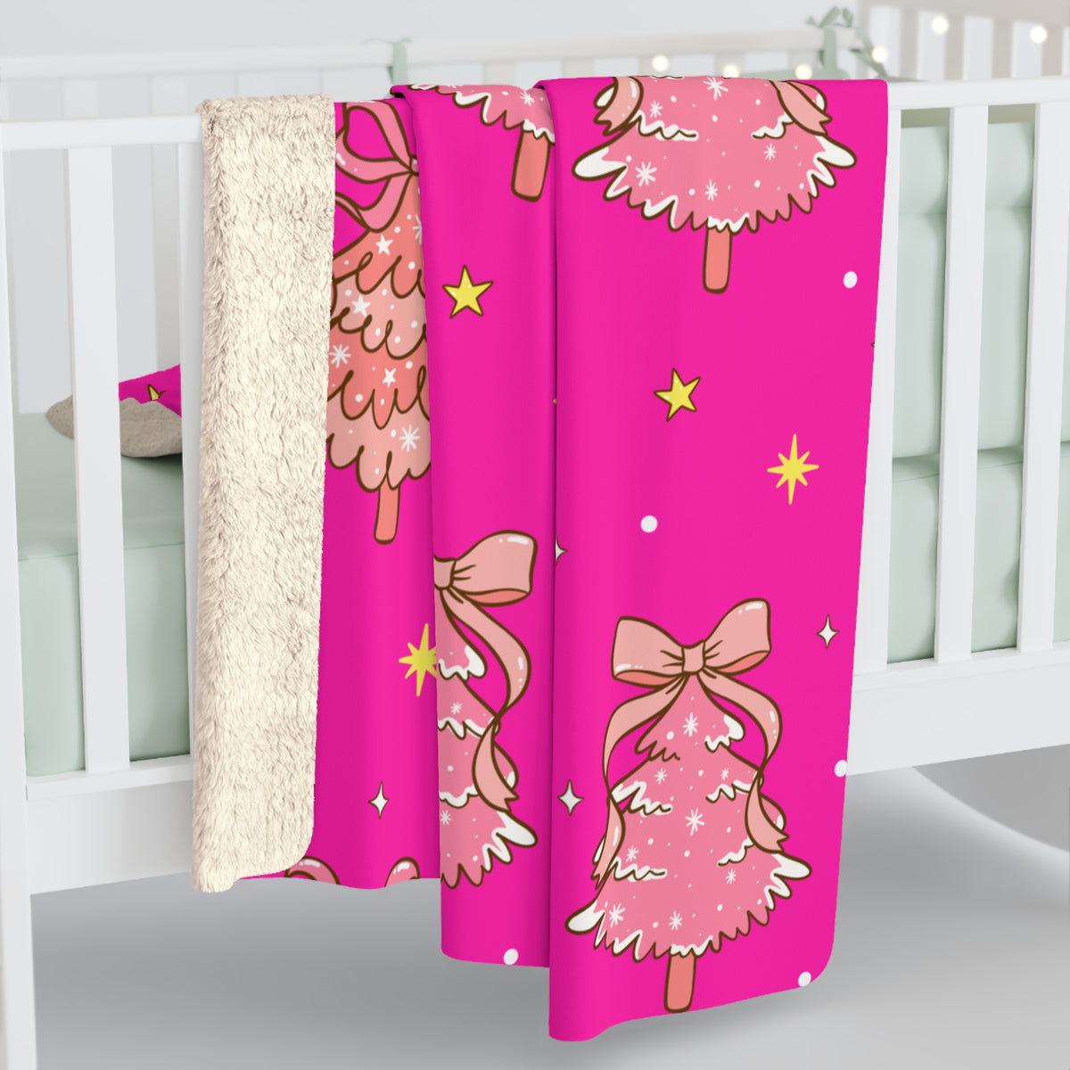 Pink Christmas Tree & Bow Sherpa Fleece Blanket