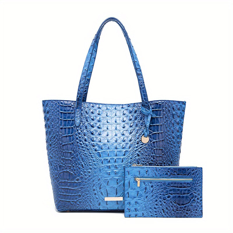 Crocodile Pattern Tote Bag Set with Clutch - 2-Piece Handbag for Women