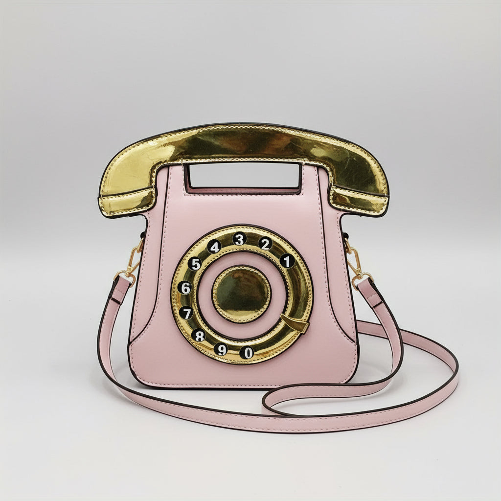Pink phone-shaped handbag with gold accents and a matching phone case on a white surface.