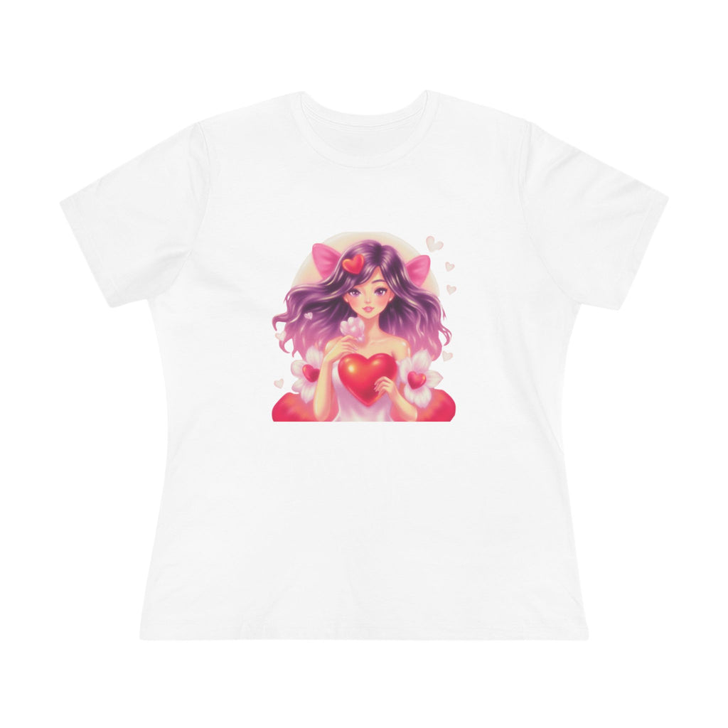 Cute Anime Girl Cotton Tee - Kawaii Heart Valentine's Shirt for Women