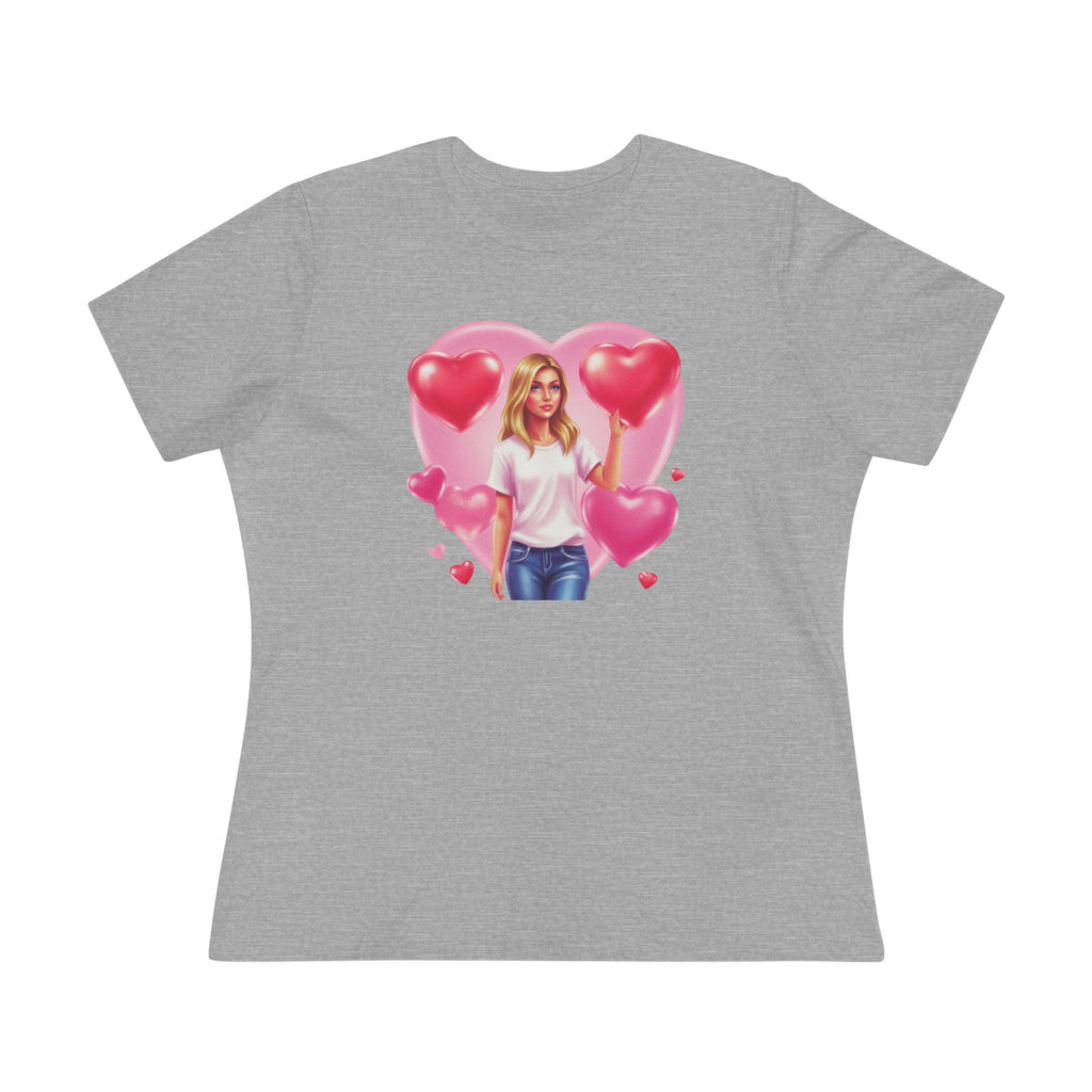 Heart Balloon Cotton Tee - Girl with Pink Heart Balloons Graphic Shirt for Women