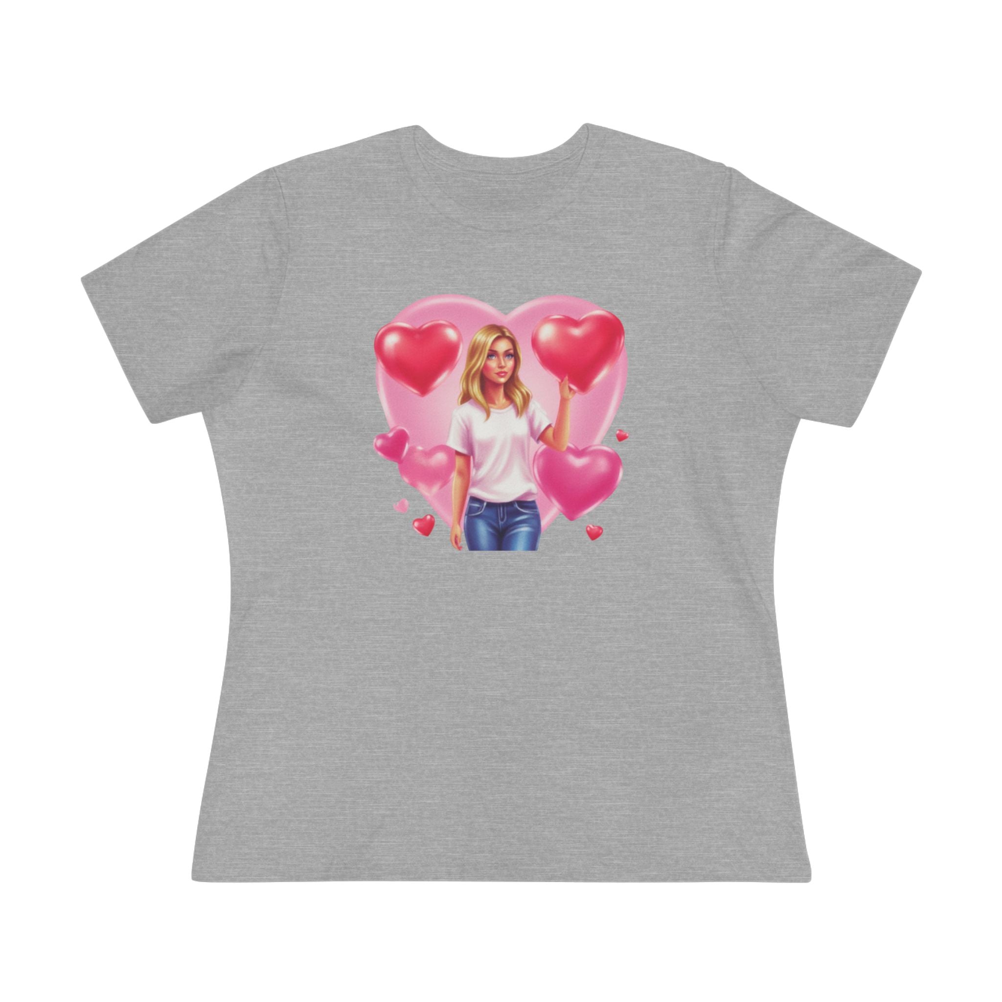 Heart Balloon Cotton Tee - Girl with Pink Heart Balloons Graphic Shirt for Women