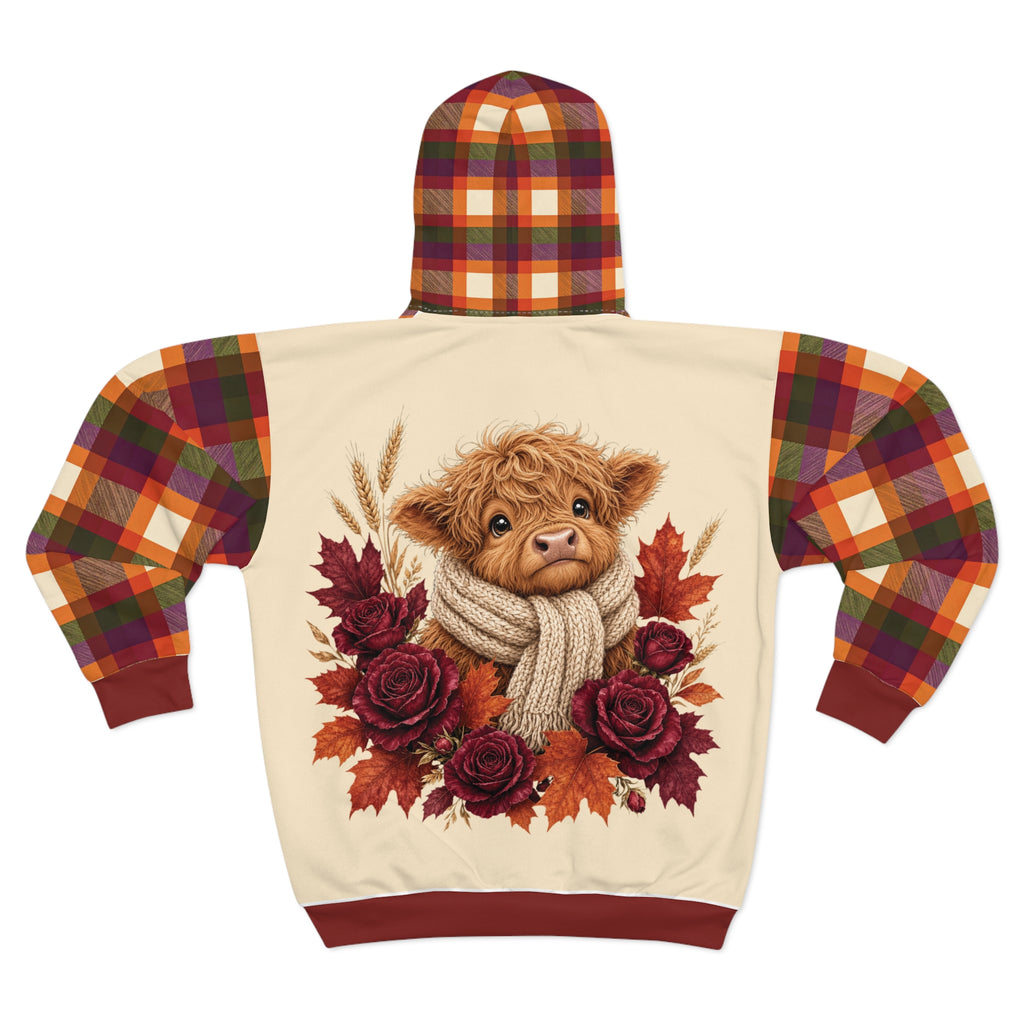 Autumn Plaid Highland Cow Floral Zip Hoodie