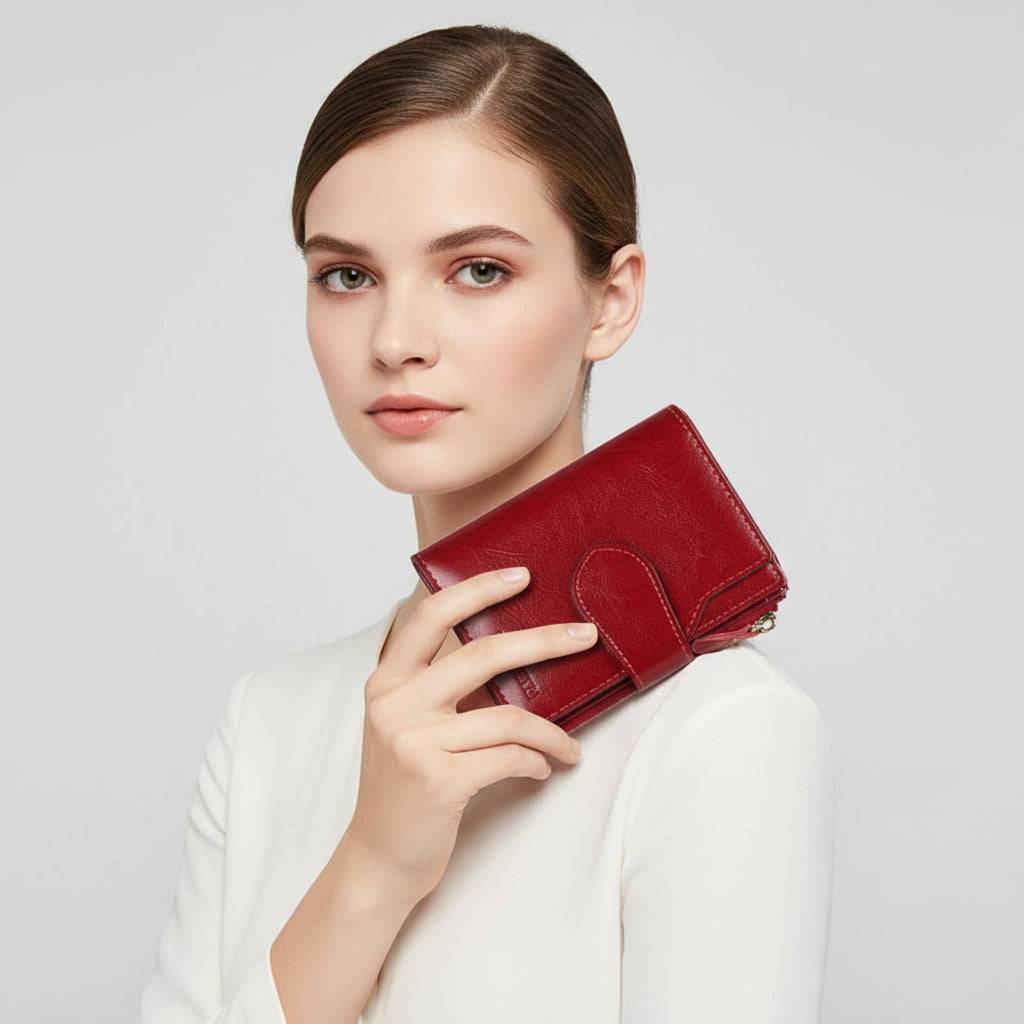 Red wallet and white smartphone on a beige background