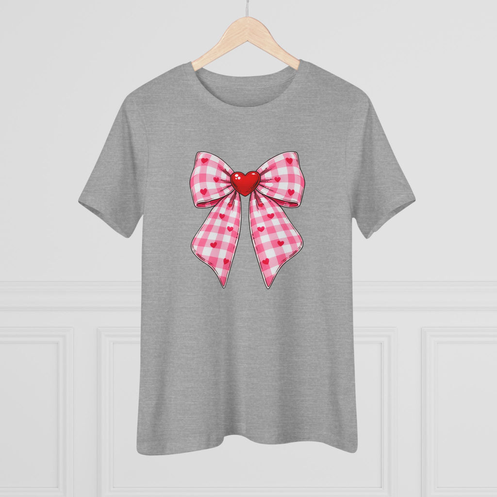 Gingham Heart Bow Cotton Tee - Pink Bow Valentine's Shirt for Women