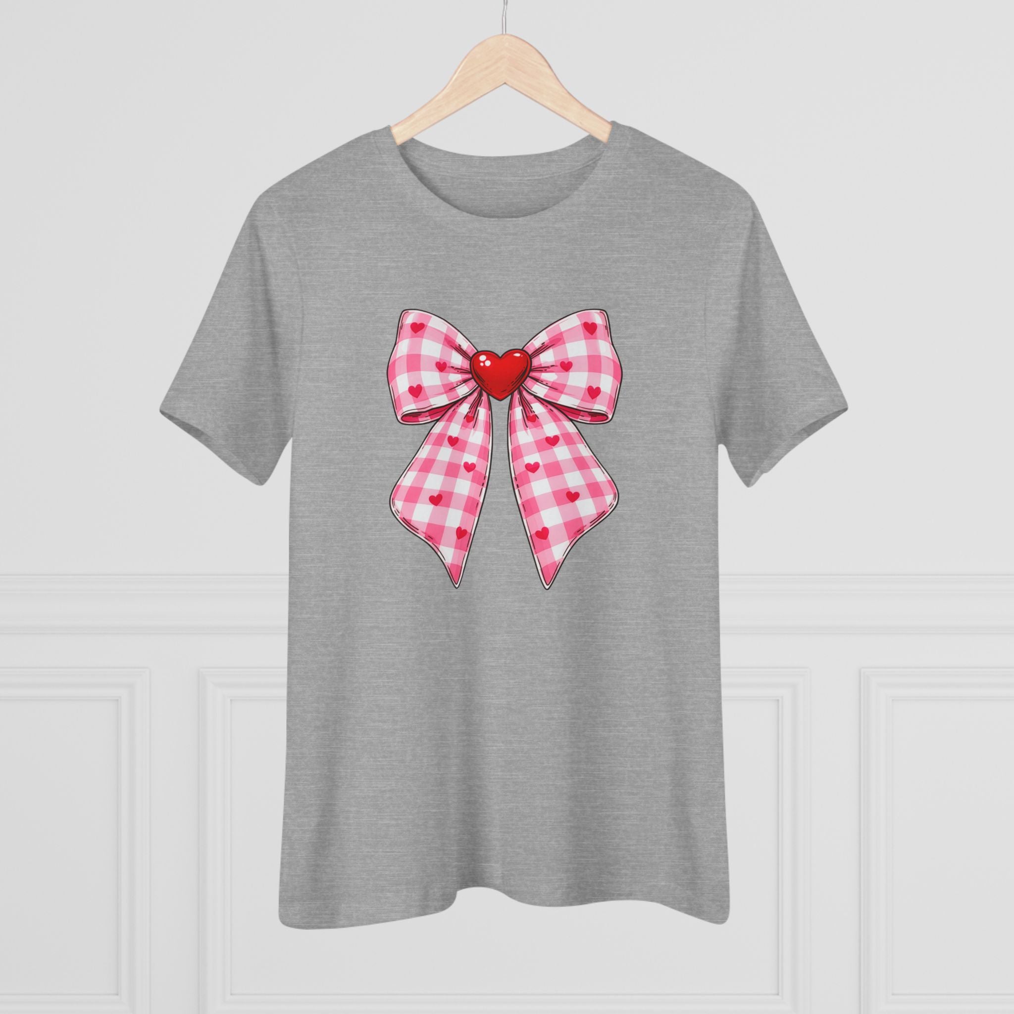 Gingham Heart Bow Cotton Tee - Pink Bow Valentine's Shirt for Women