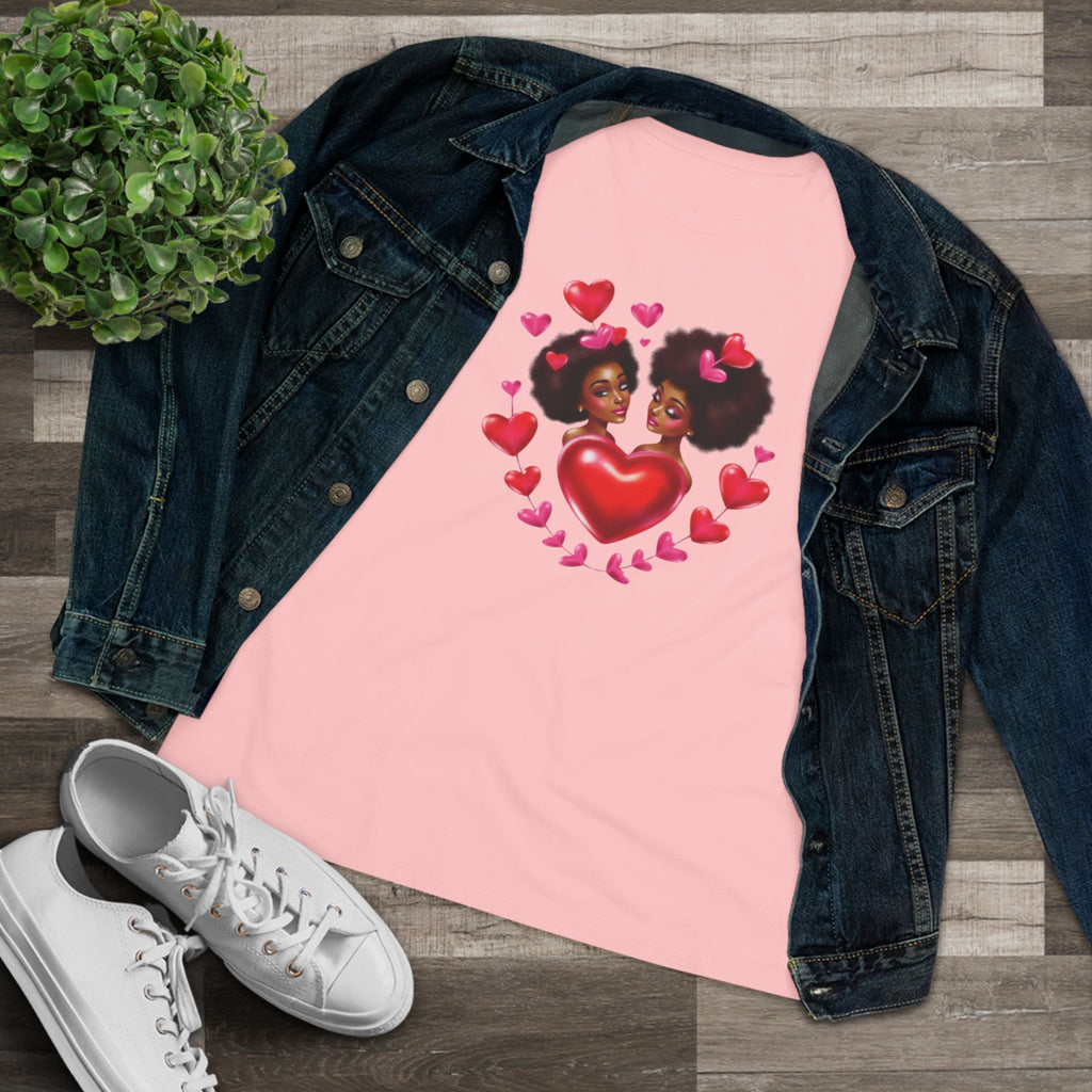 Afro Love Heart Cotton Tee - Black Sisters Valentine's Graphic Shirt for Women