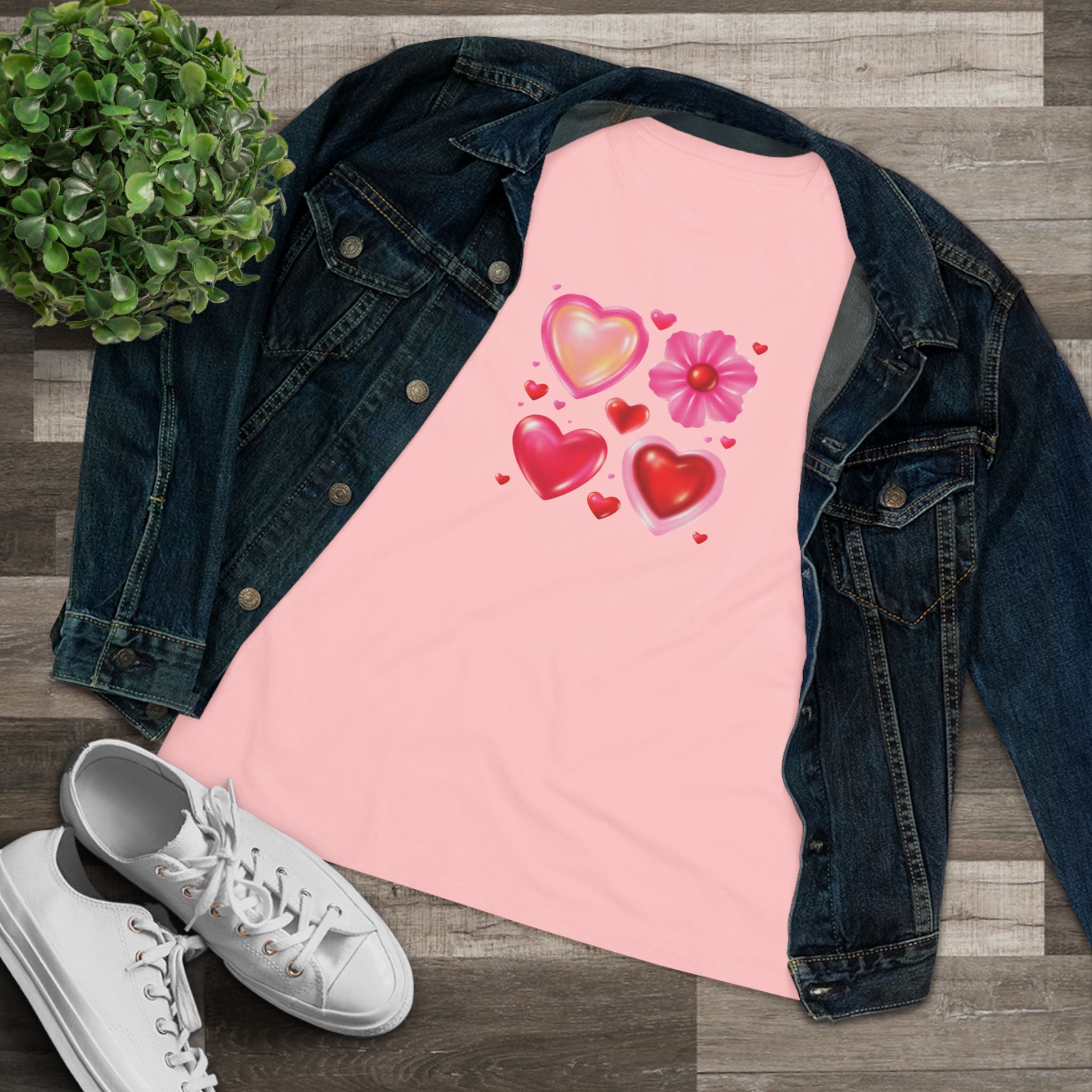 Hearts & Flower Cotton Tee - Valentine's Day Love Graphic Shirt for Women