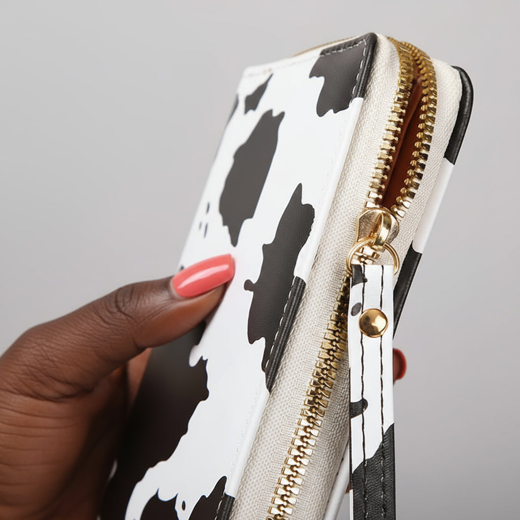 Hand holding a cow print wallet with a gold zipper on a wooden surface