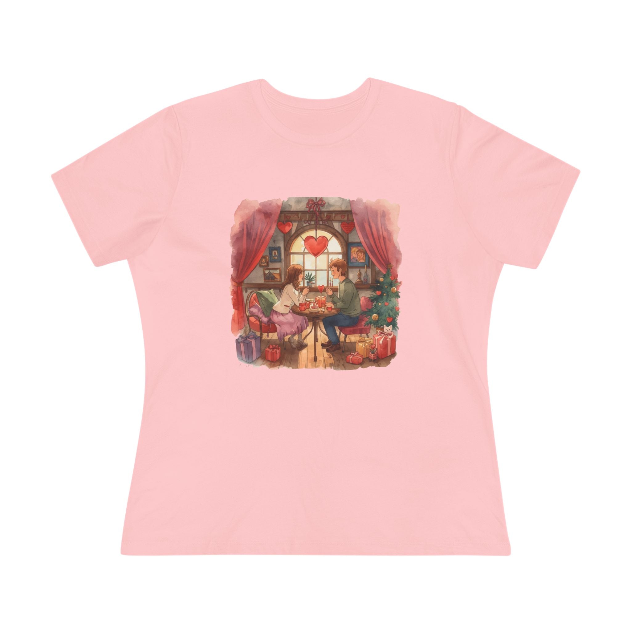 Cozy Tea Room Cotton Tee - Romantic Heart Window Illustration Shirt for Women
