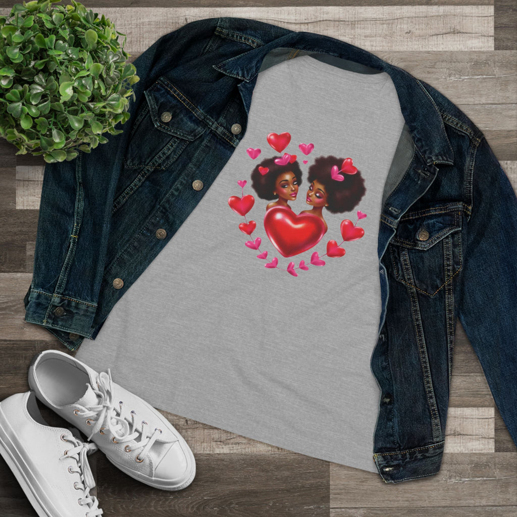 Afro Love Heart Cotton Tee - Black Sisters Valentine's Graphic Shirt for Women