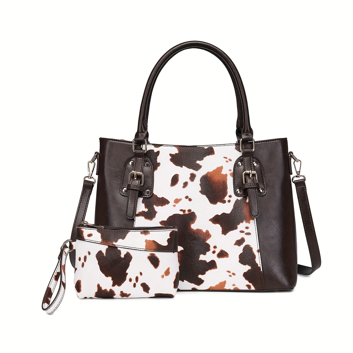 Western Bohemian Cow Print Bag Set - 2pc Totem Satchel with Removable Strap