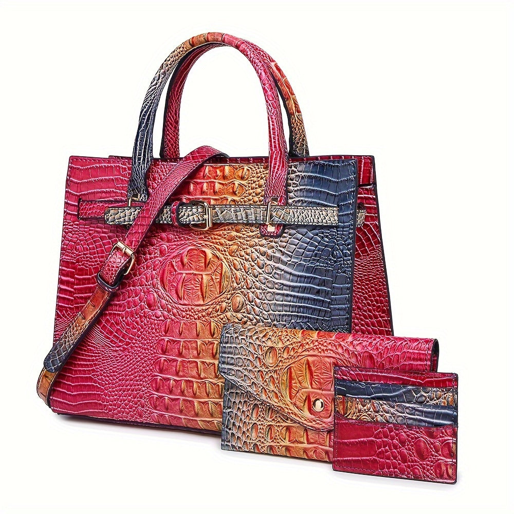 Crocodile Embossed Tote Bag with Matching Clutch - 2-Piece Handbag Set for Women