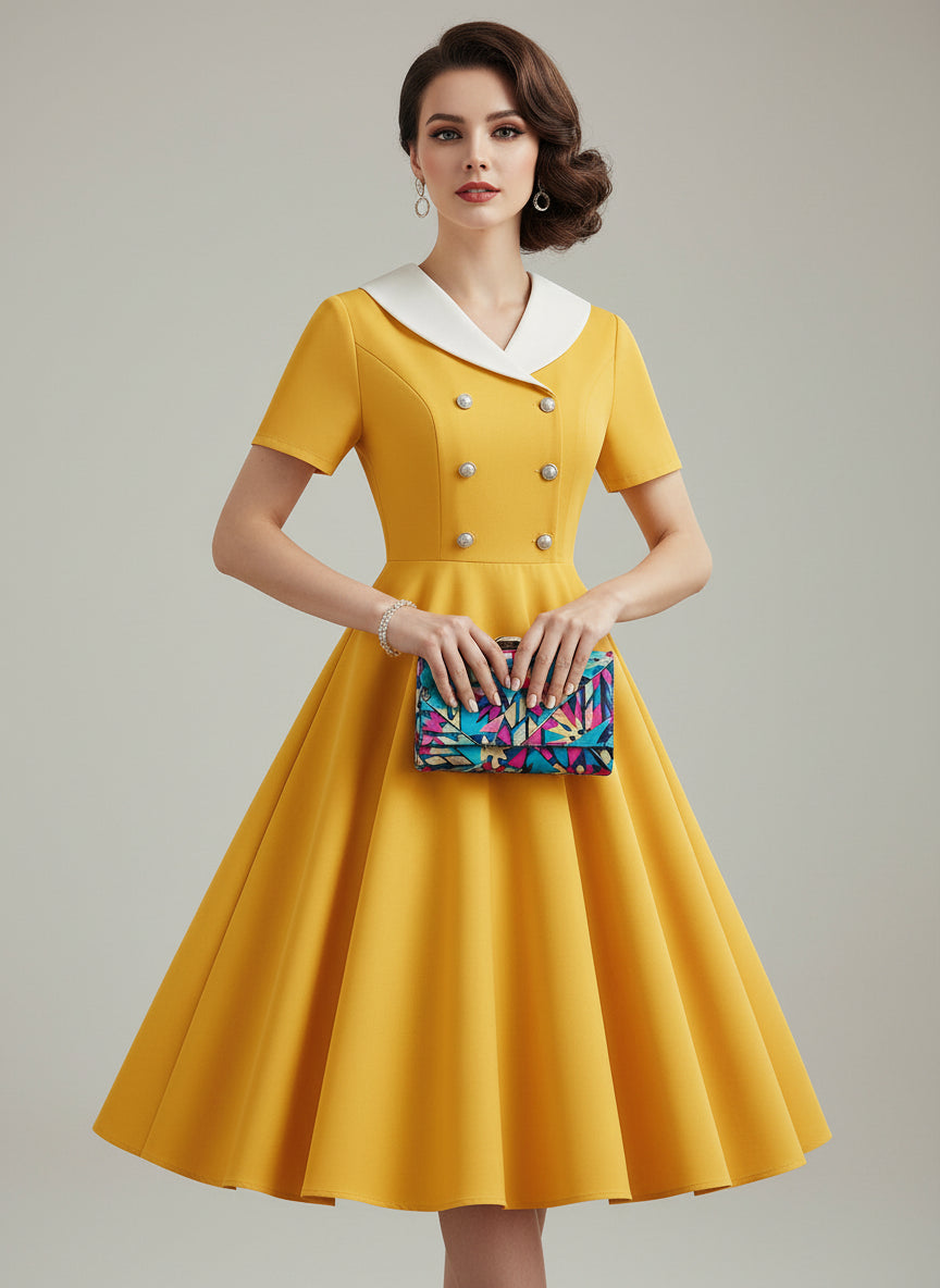Yellow dress with white collar and buttons on a white background