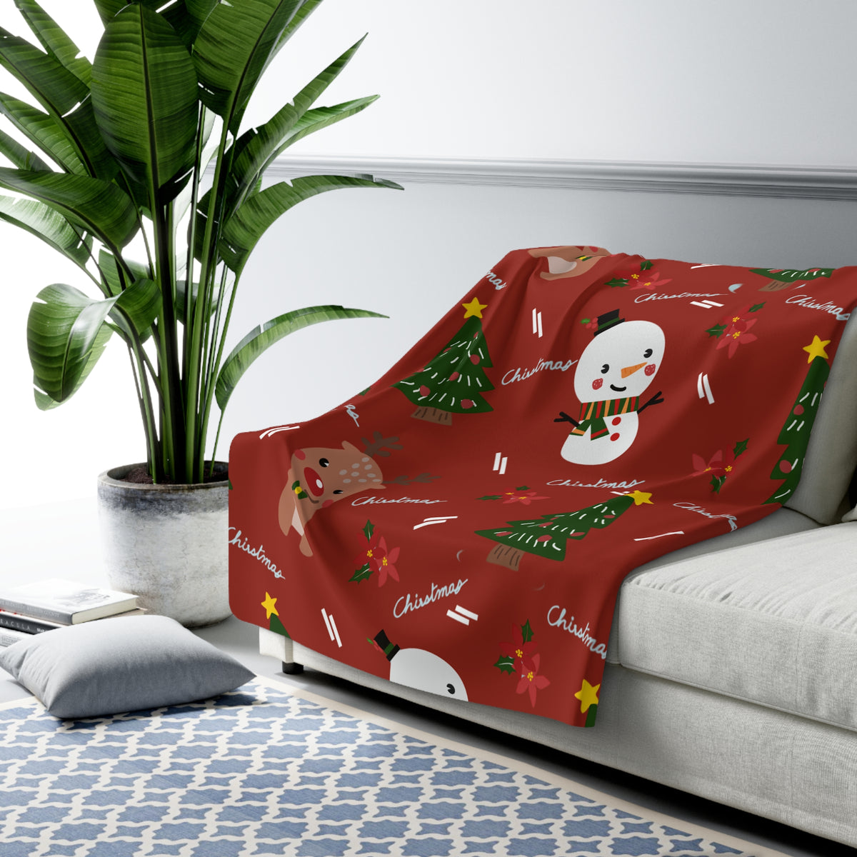Red Christmas Snowman & Reindeer Sherpa Fleece Blanket