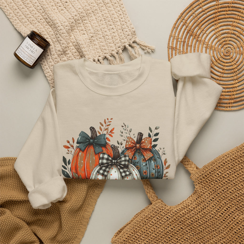 Autumn Pumpkin Trio Crewneck Sweatshirt — Fall Floral Thanksgiving Pullover