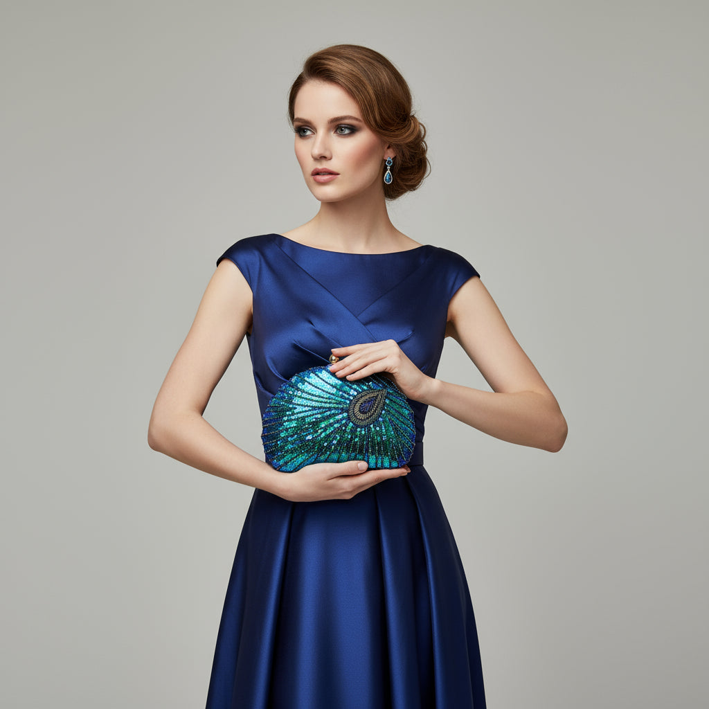 Blue and green beaded clutch bag on a textured surface