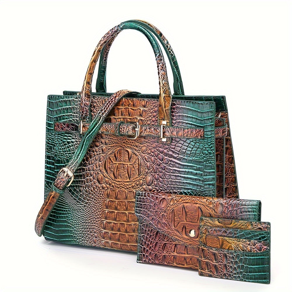 Crocodile Embossed Tote Bag with Matching Clutch - 2-Piece Handbag Set for Women