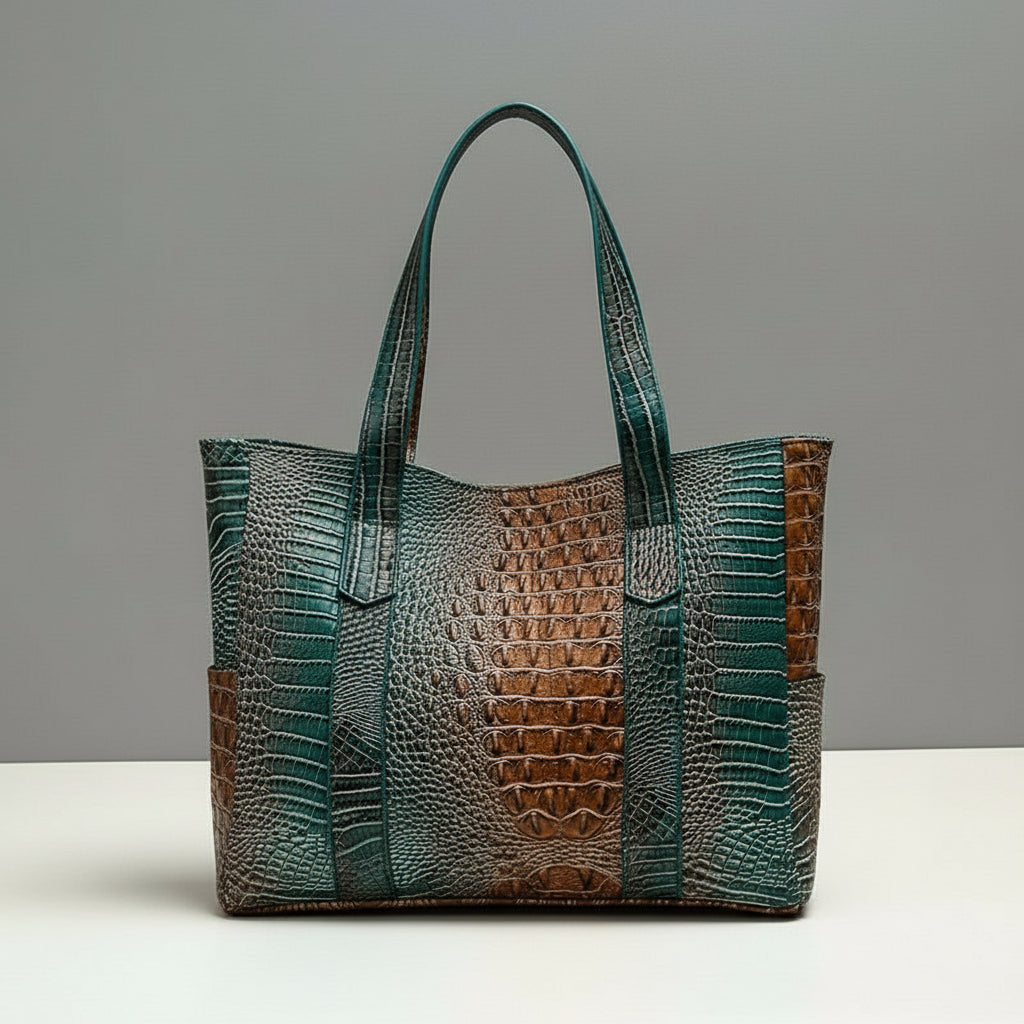 Multicolored textured handbag with a patterned handle on a gray background