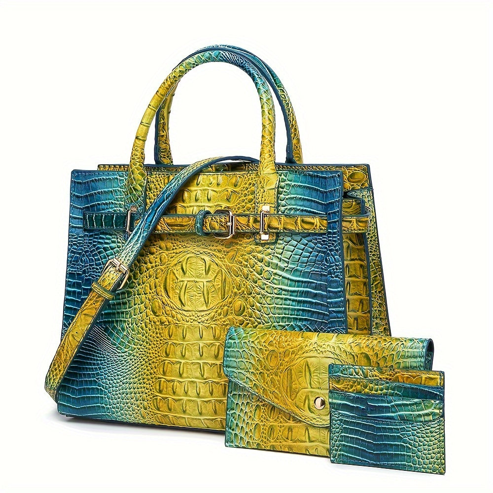Crocodile Embossed Tote Bag with Matching Clutch - 2-Piece Handbag Set for Women