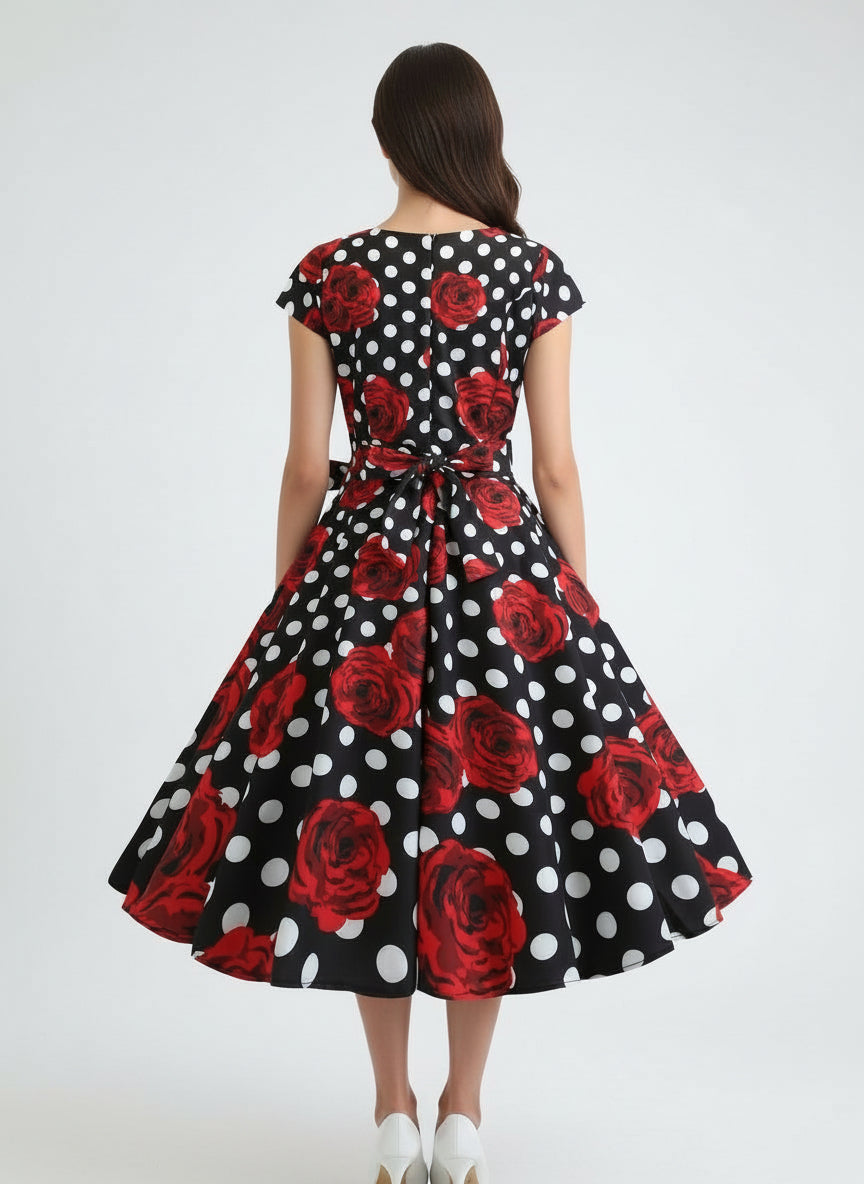 Dress with red rose and white polka dot pattern on a black background