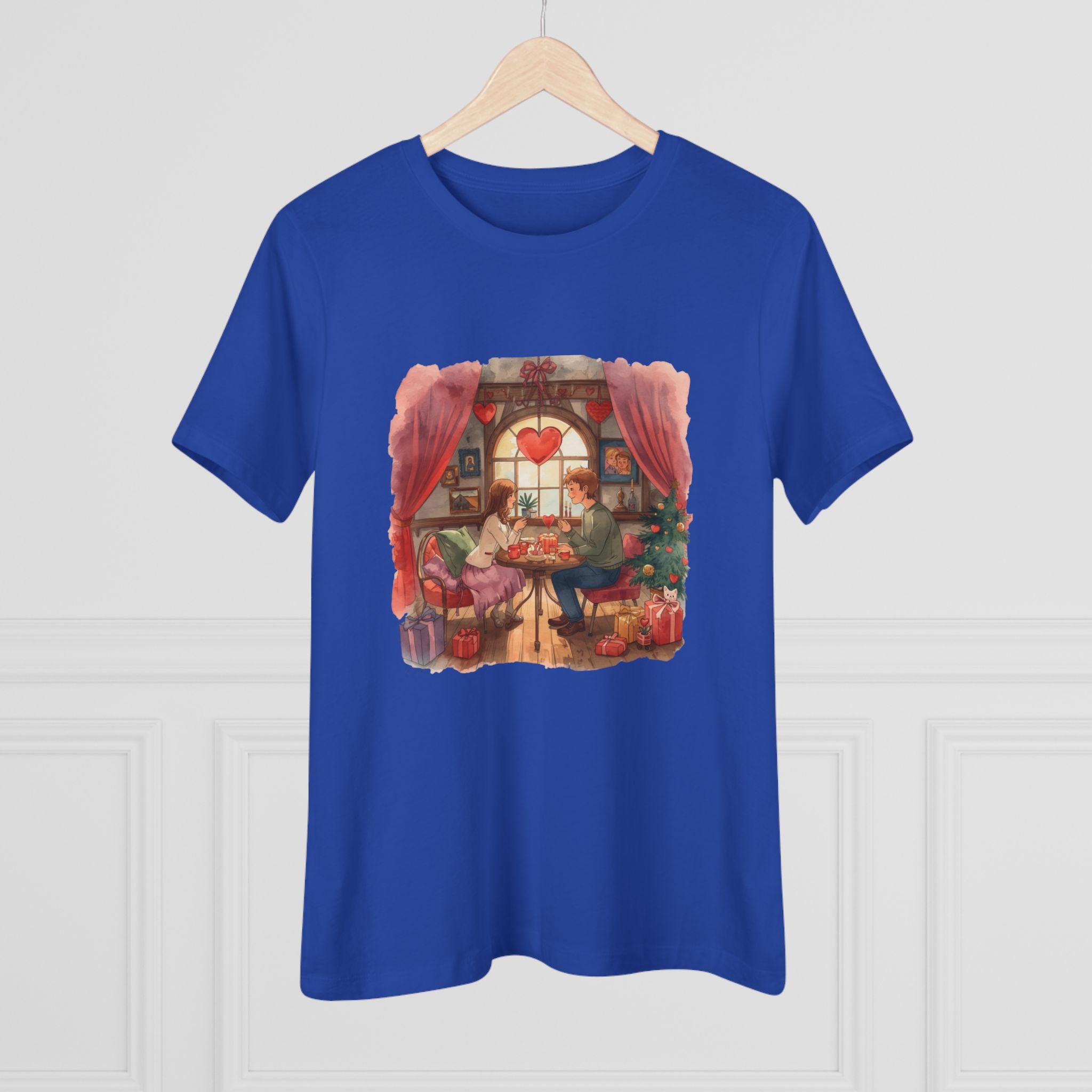 Cozy Tea Room Cotton Tee - Romantic Heart Window Illustration Shirt for Women