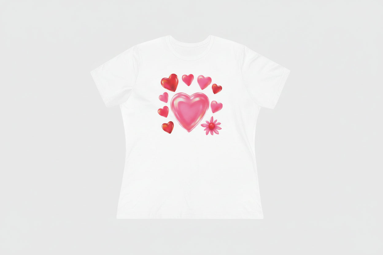 White t-shirt with pink heart design on a white background